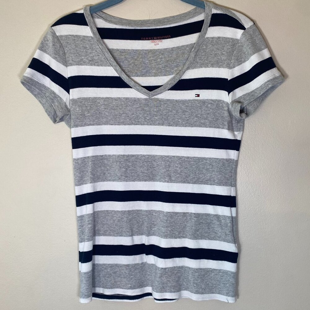 Tommy Hilfiger Short Sleeve V Neck Striped Shirt Grey